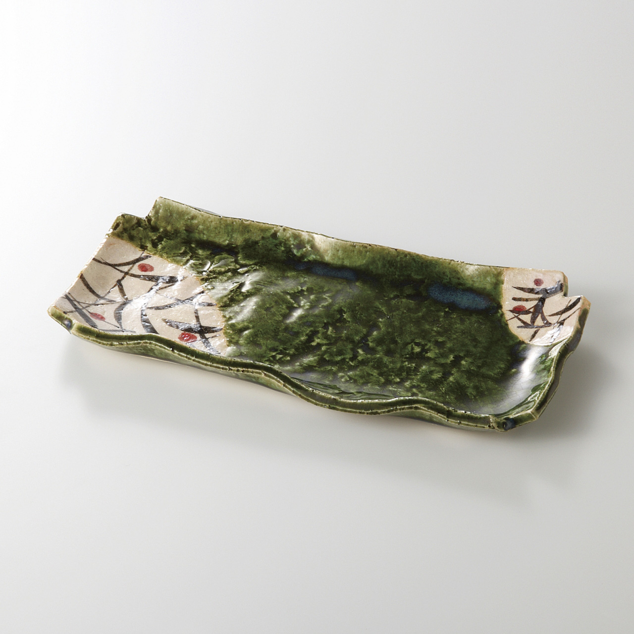 織部錆草紋 角切焼物皿