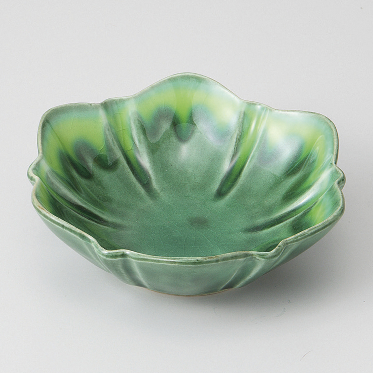 緑釉黄流し 花型小鉢