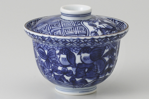 染付地紋花鳥 小蓋物