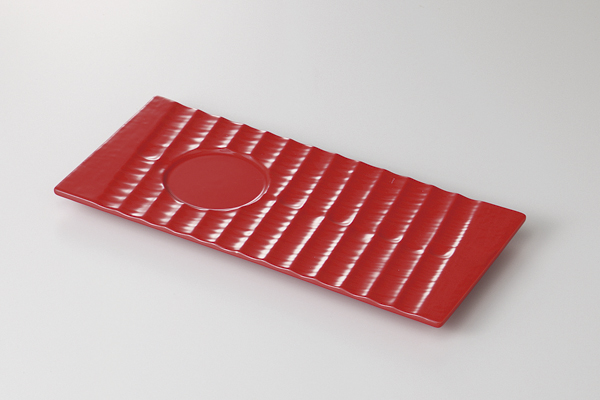 赤釉 一刀彫長皿