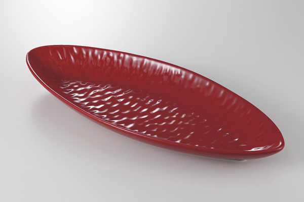 赤釉 一刀彫楕円皿