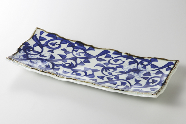 泡青磁タコ唐草 長角盛皿