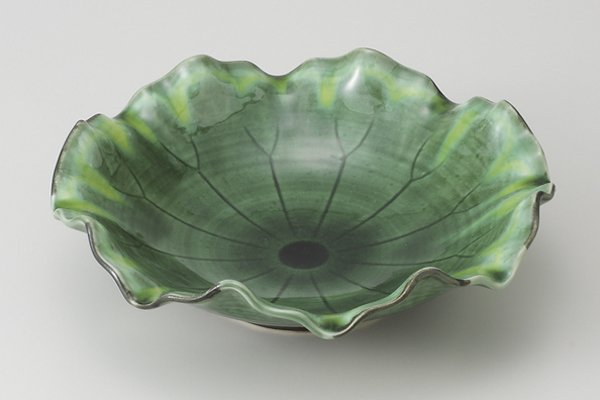 緑釉黄流し 波渕8.5寸盛鉢