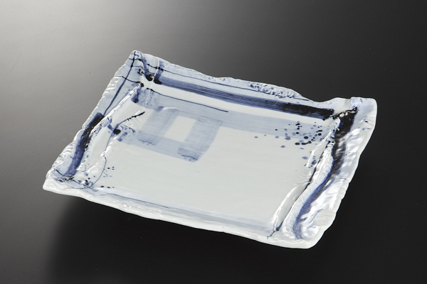 呉須格子 ちぎり角大皿