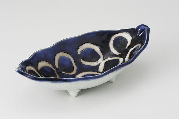 紺釉丸紋 四ツ足葉型鉢