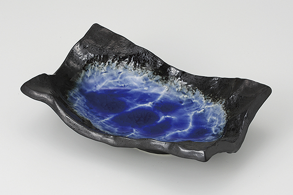 深海ブルー 波渕長角皿
