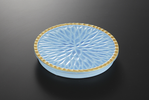 青釉一刀彫 高台丸皿