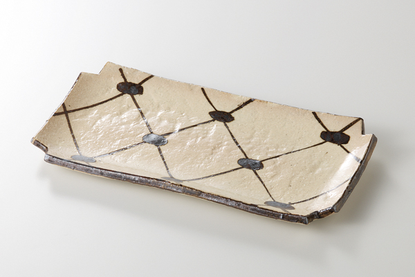 錆玉格子 角切焼物皿