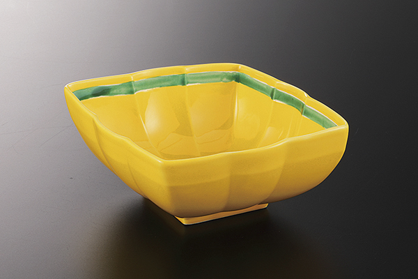 黄釉緑交趾 菱菊鉢
