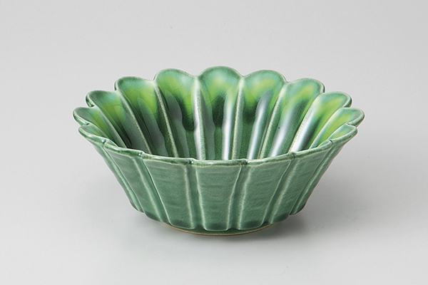 緑釉黄流し 花形反中鉢