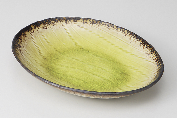 黄貫入 縄目楕円皿