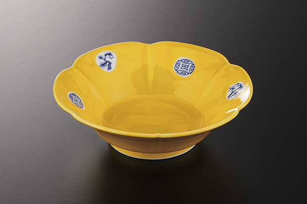 黄釉松竹梅 朝顔小鉢