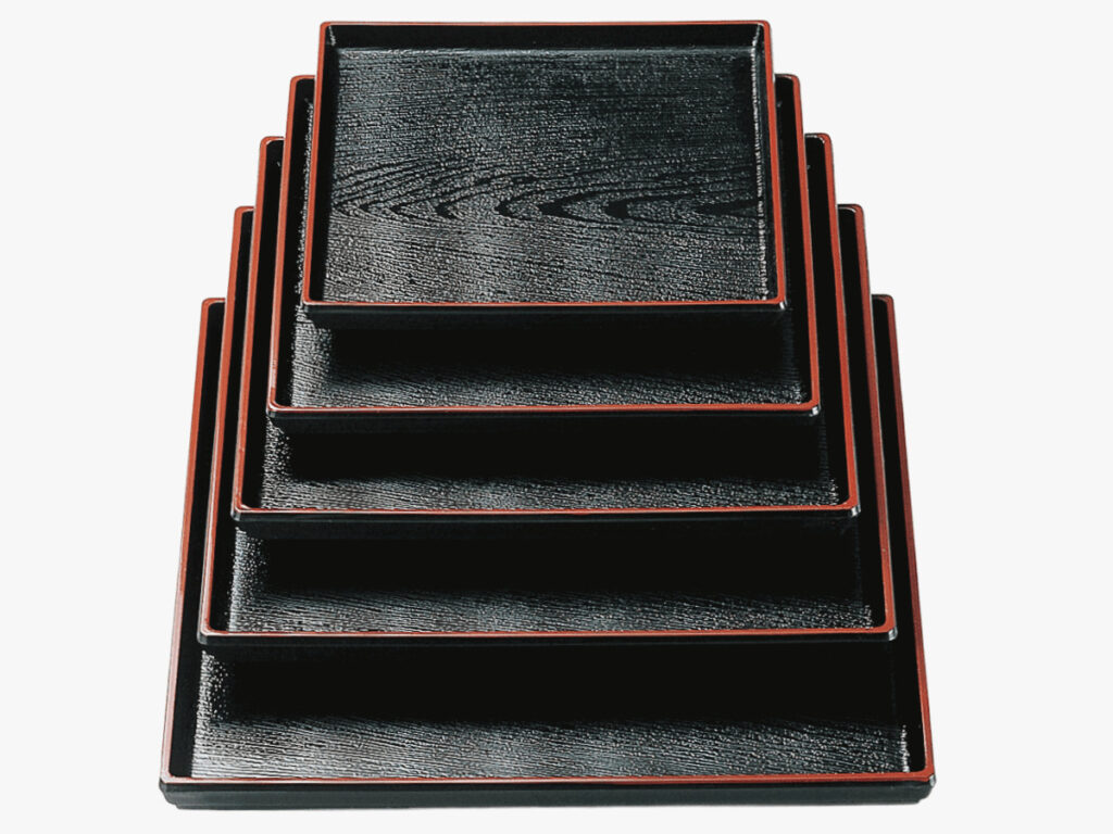 正角木目盆 黒天朱 尺2