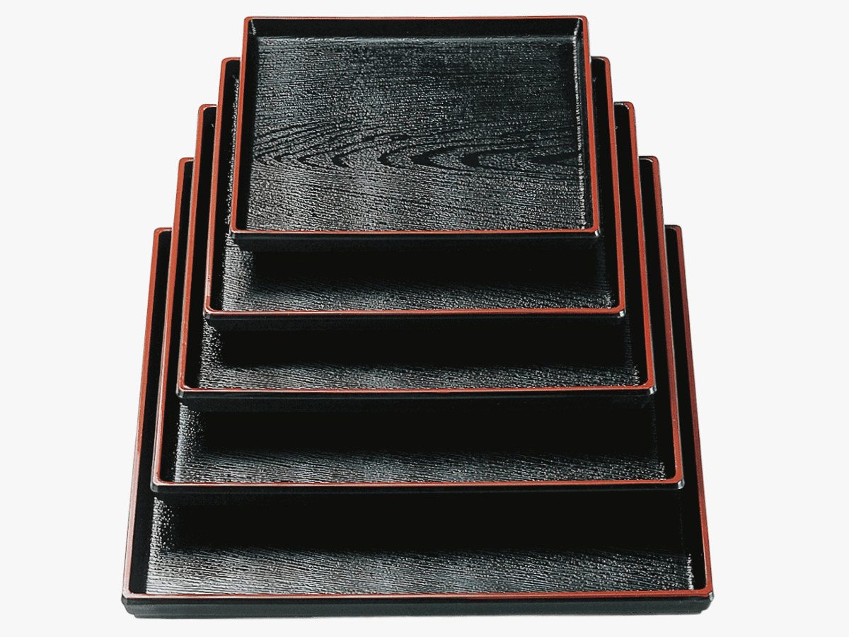 正角木目盆 黒天朱 8寸