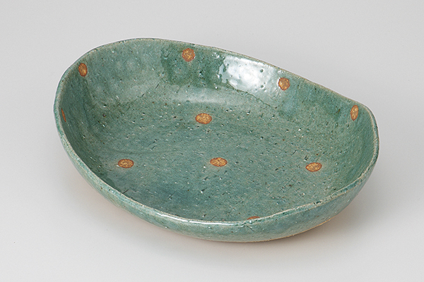 緑釉水玉 楕円盛皿