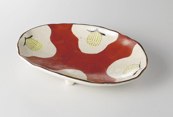 手描椿 三つ足楕円皿