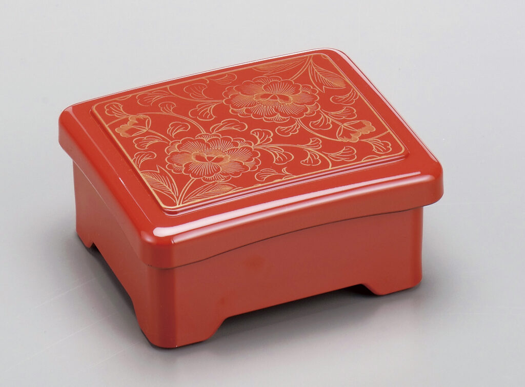 耐熱隅丸光月丼重 柿朱金牡丹内朱塗