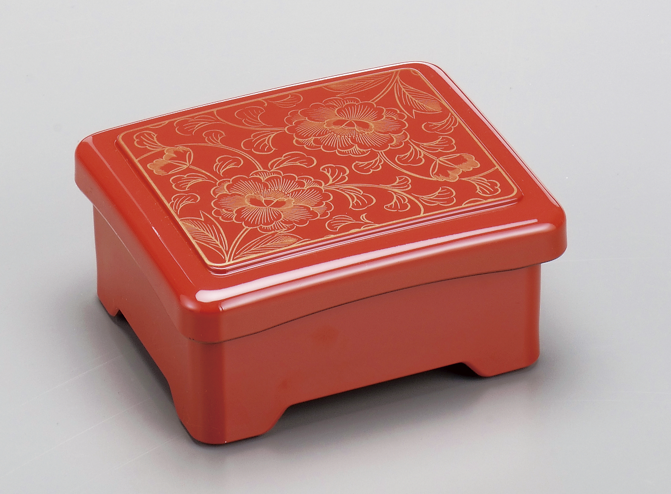 耐熱隅丸光月丼重 柿朱金牡丹内朱塗