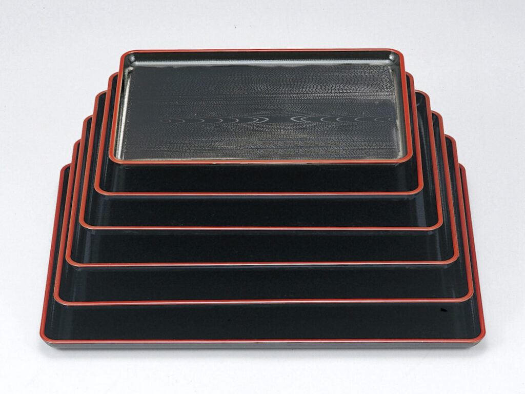 新木目会席盆 黒天朱 尺2