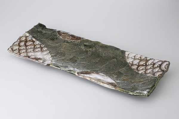 織部波彫紋四海波 長皿