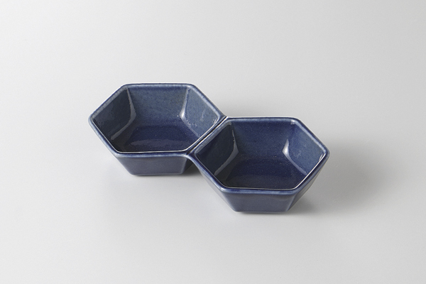 藍 六角二連皿
