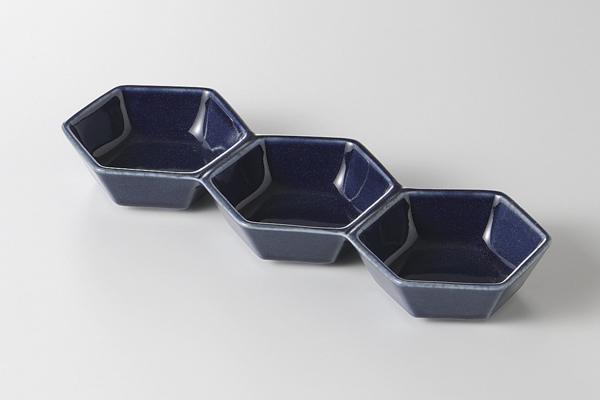 藍 六角三連皿