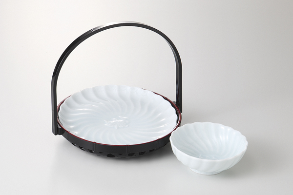 青白磁魚 天ぷら皿 手さげ籠付