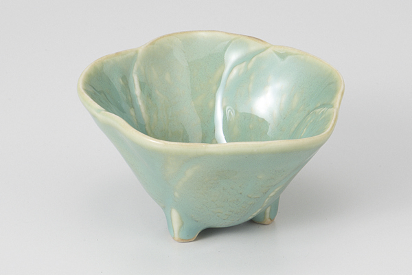 花型グリーン 三ツ足小付